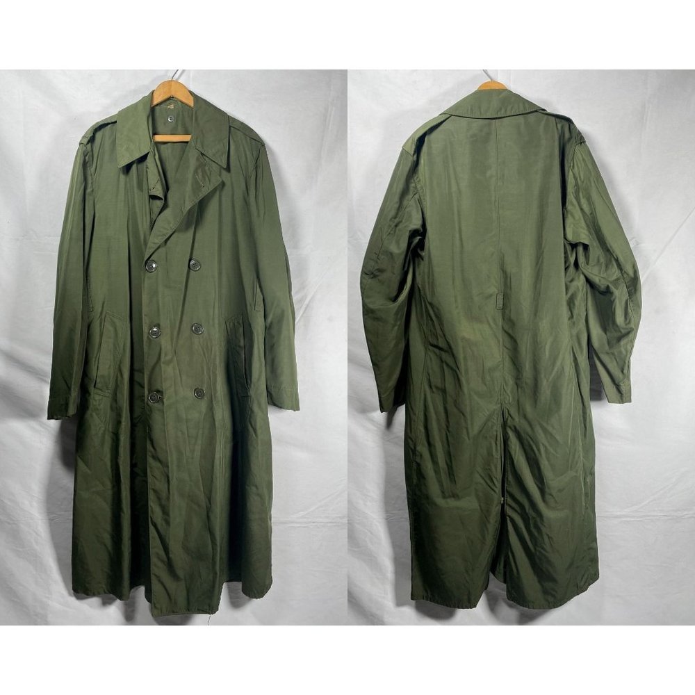 VTG 50s Korean War Nylon Rayon Military Green Raincoat Mens US 38L Made in USA